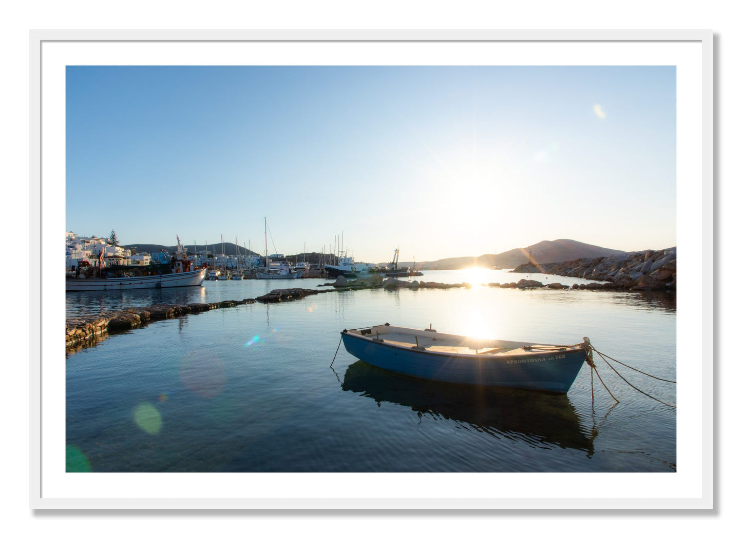 Framed photograph of Tied Down In Paros by Dylan Ozanich, White frame, Borders