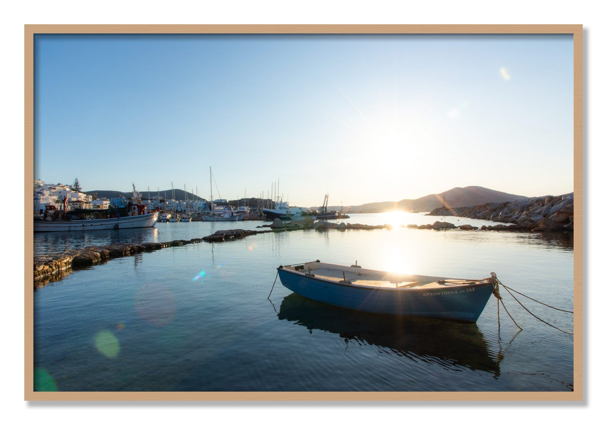 Framed photograph of Tied Down In Paros by Dylan Ozanich, Oak frame, Full Bleed