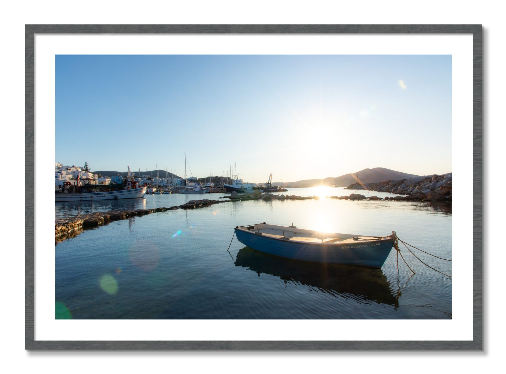 Framed photograph of Tied Down In Paros by Dylan Ozanich, Grey frame, Borders