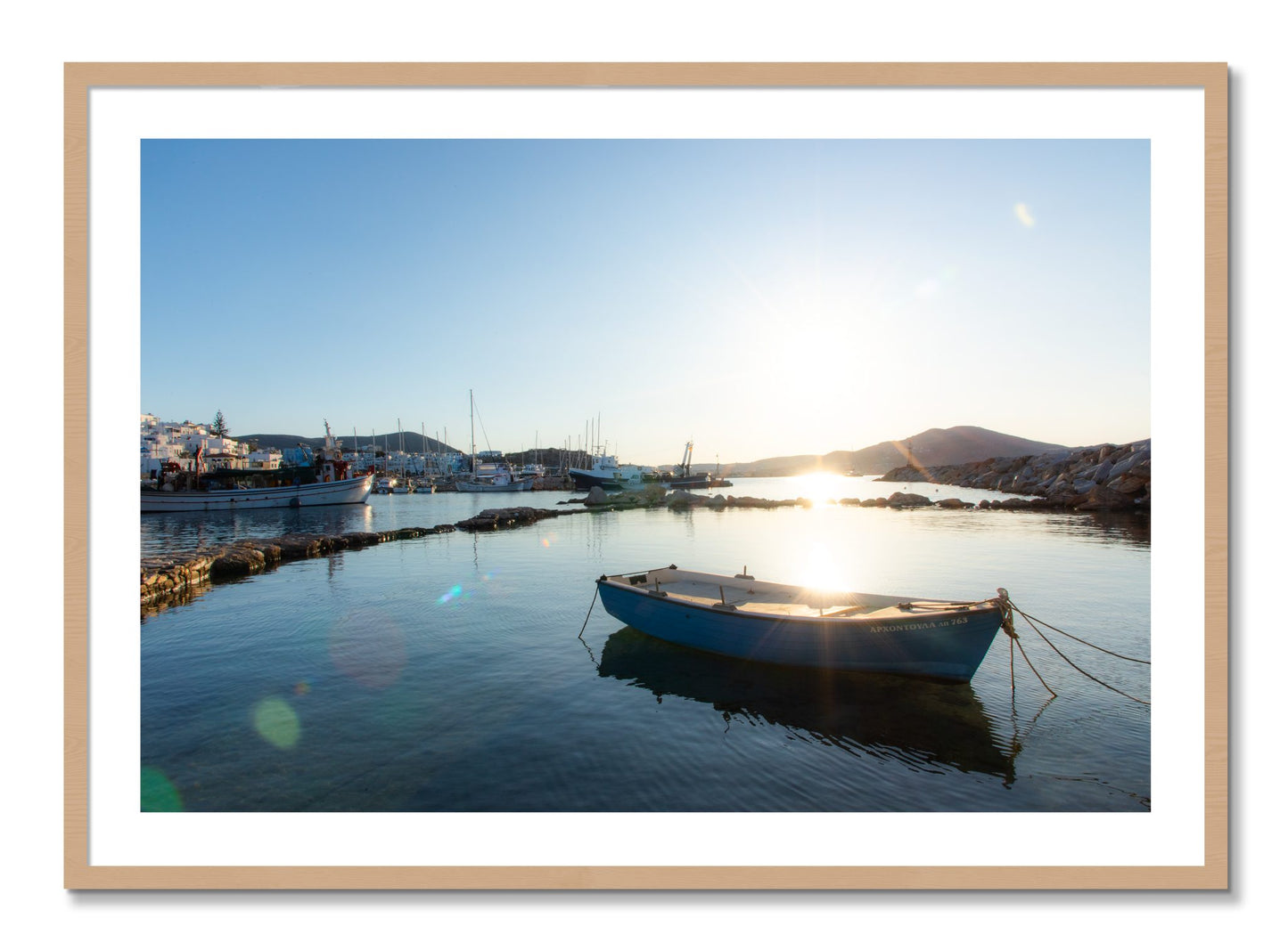 Framed photograph of Tied Down In Paros by Dylan Ozanich, Oak frame, Borders