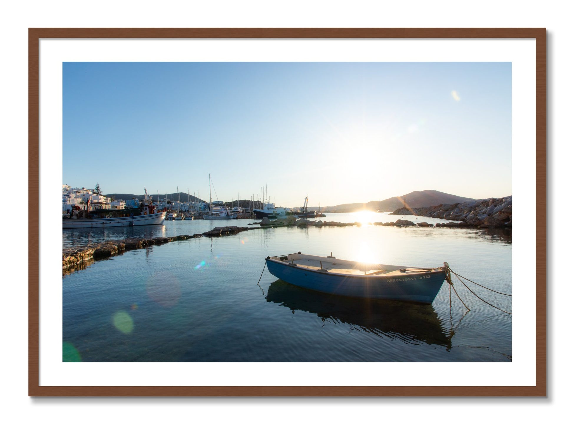Framed photograph of Tied Down In Paros by Dylan Ozanich, Walnut frame, Borders