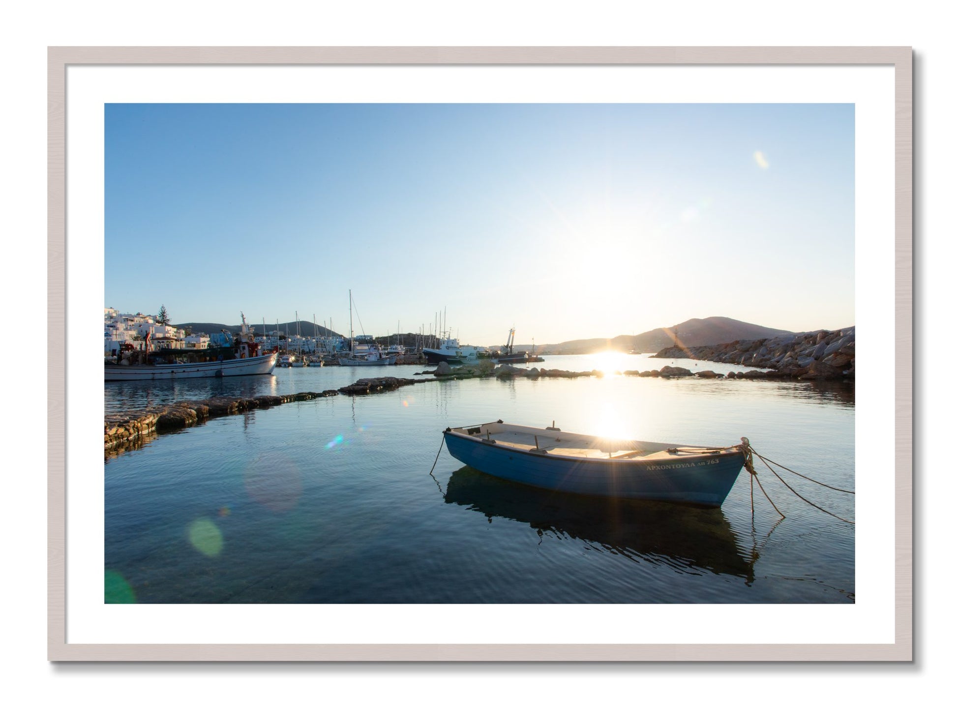 Framed photograph of Tied Down In Paros by Dylan Ozanich, White Maple frame, Borders