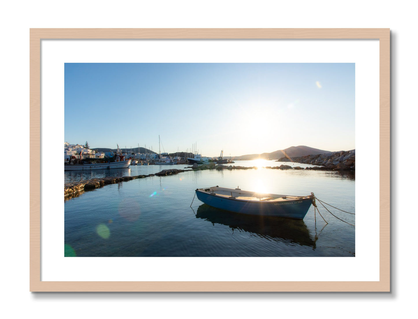 Framed photograph of Tied Down In Paros by Dylan Ozanich, Maple frame, Borders
