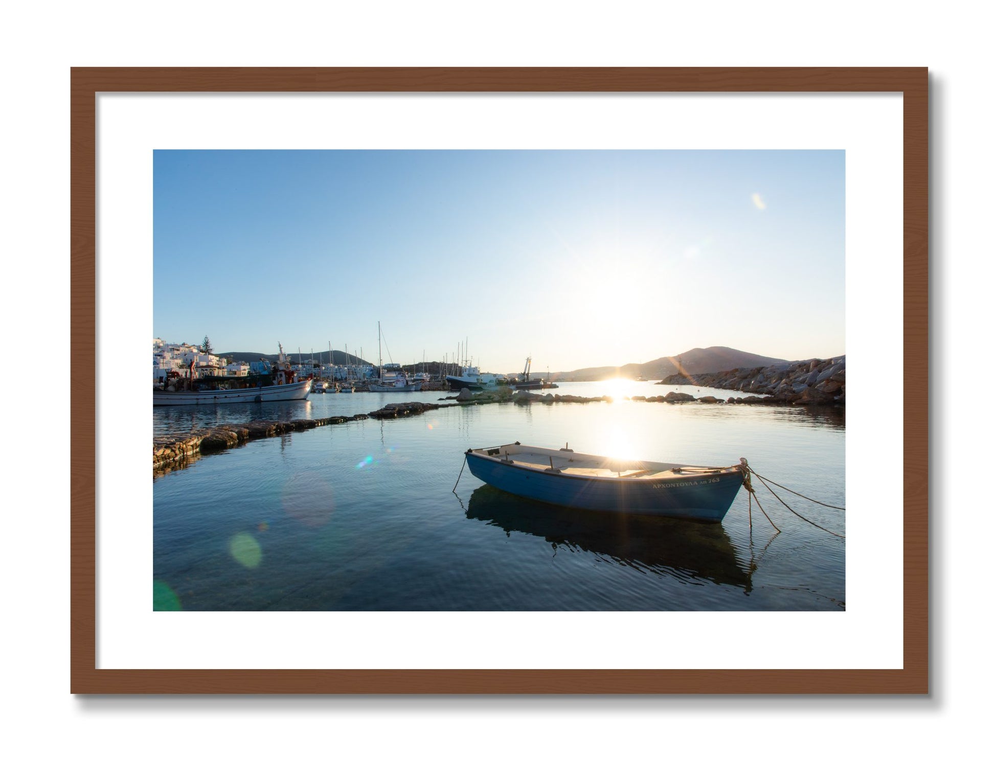 Framed photograph of Tied Down In Paros by Dylan Ozanich, Walnut frame, Borders