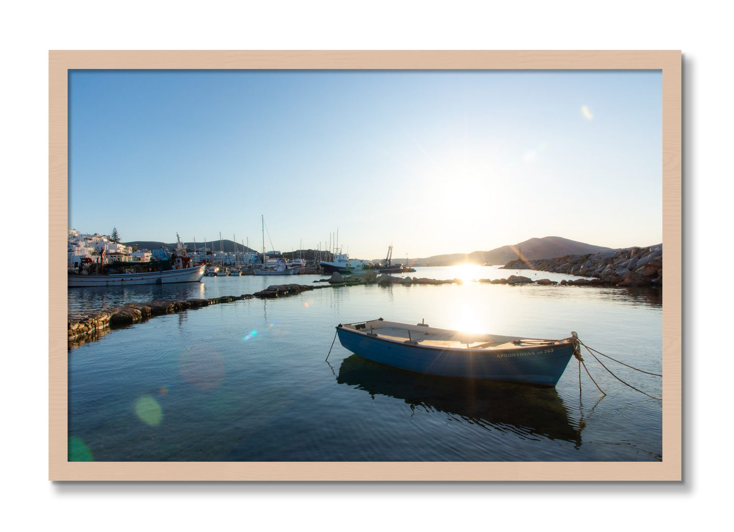 Framed photograph of Tied Down In Paros by Dylan Ozanich, Maple frame, Full Bleed