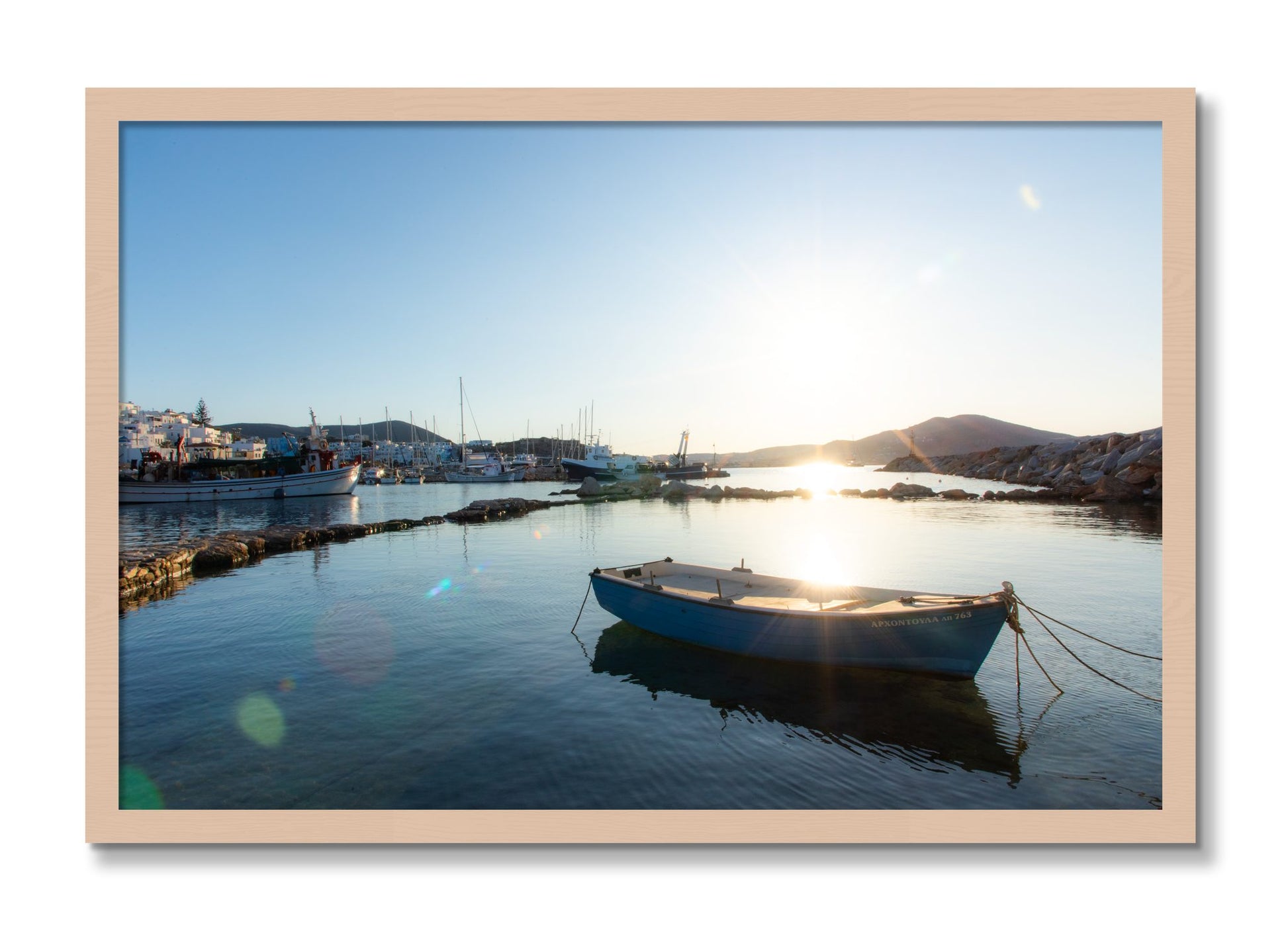Framed photograph of Tied Down In Paros by Dylan Ozanich, Maple frame, Full Bleed