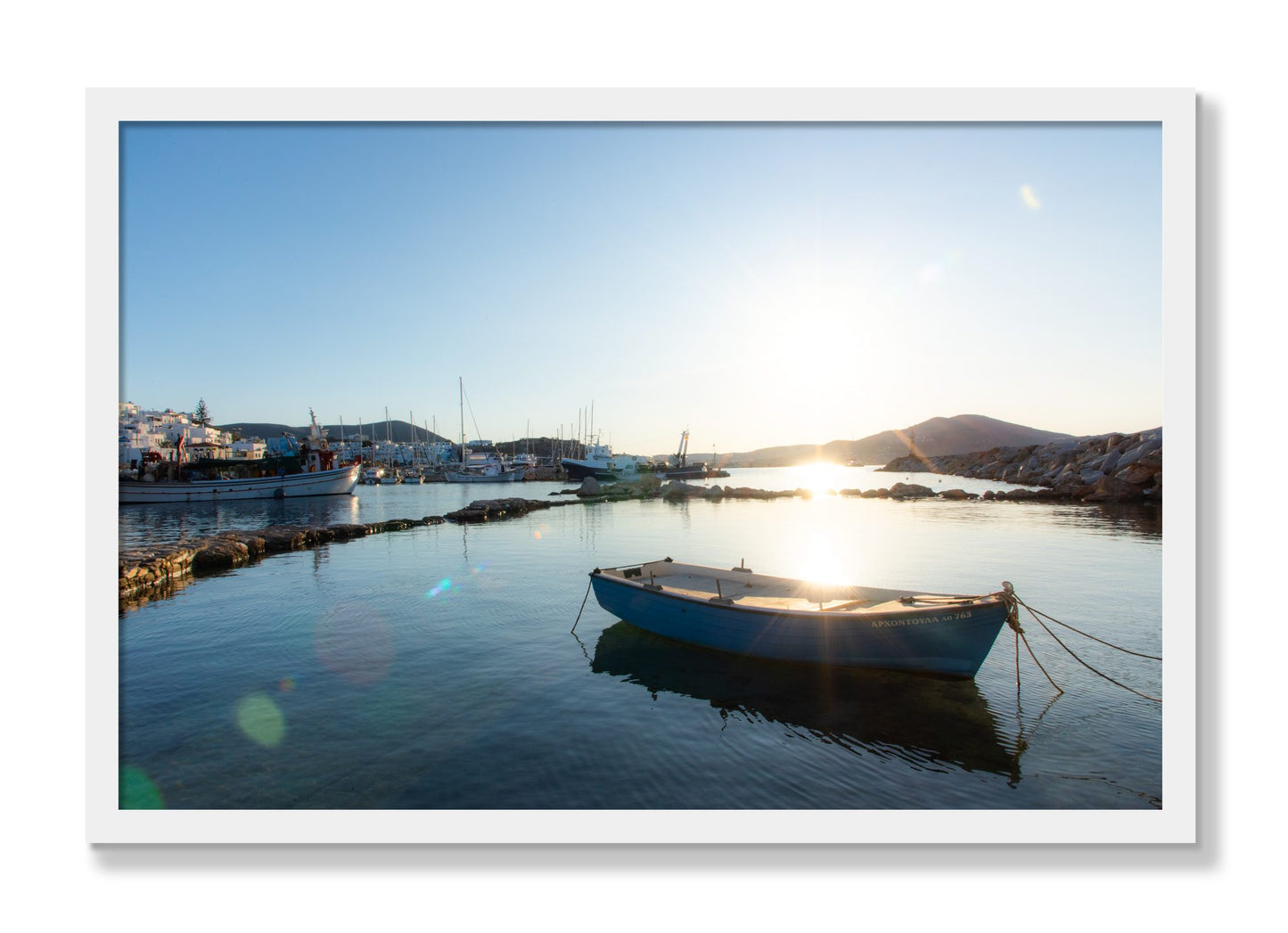 Framed photograph of Tied Down In Paros by Dylan Ozanich, White frame, Full Bleed