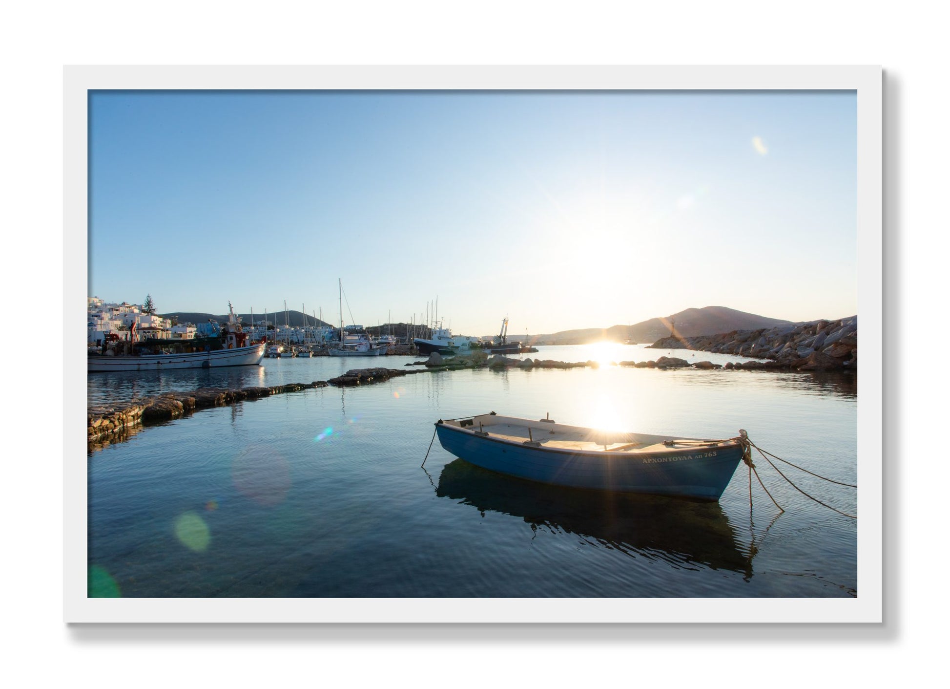 Framed photograph of Tied Down In Paros by Dylan Ozanich, White frame, Full Bleed