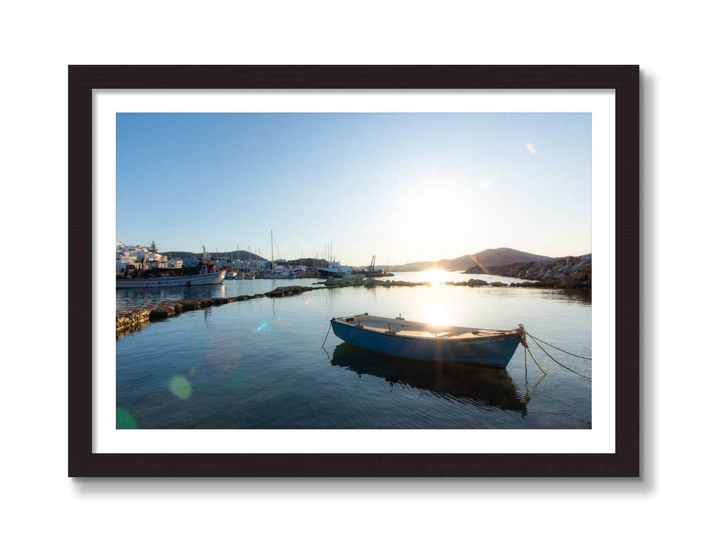 Framed photograph of Tied Down In Paros by Dylan Ozanich, Black Walnut frame, Borders