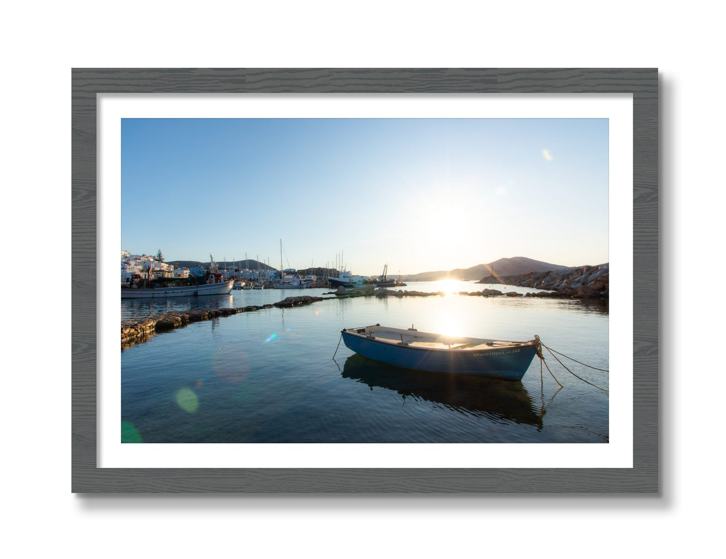 Framed photograph of Tied Down In Paros by Dylan Ozanich, Grey frame, Borders