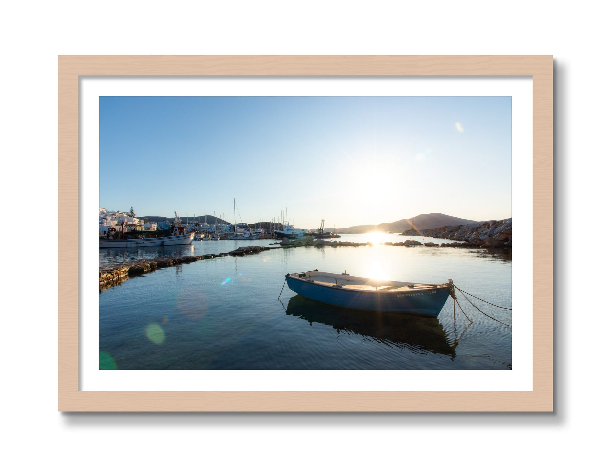 Framed photograph of Tied Down In Paros by Dylan Ozanich, Maple frame, Borders