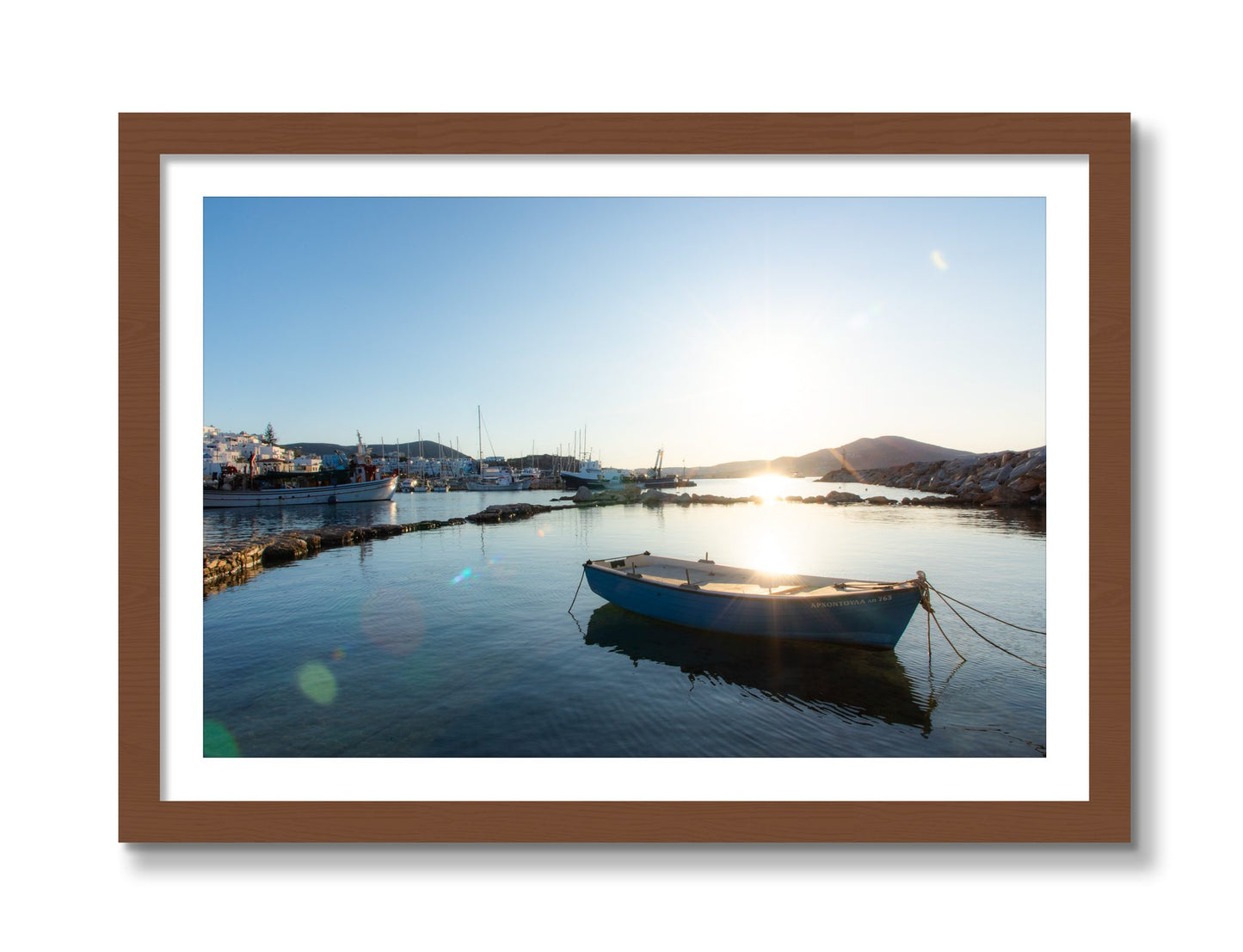 Framed photograph of Tied Down In Paros by Dylan Ozanich, Walnut frame, Borders