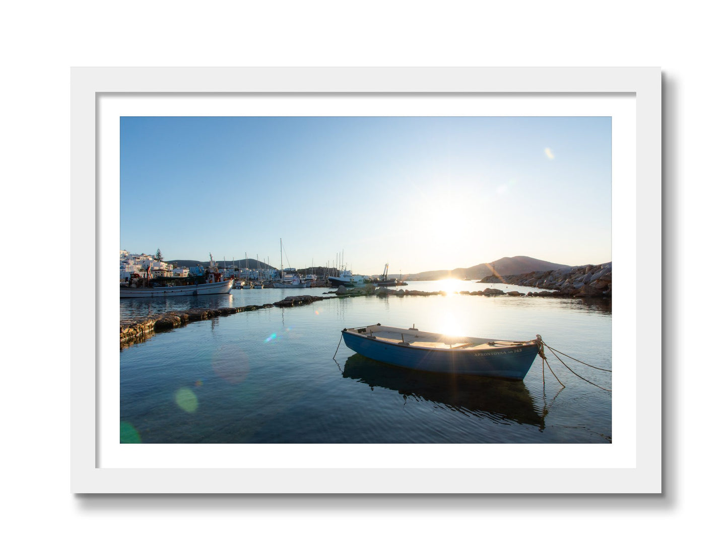 Framed photograph of Tied Down In Paros by Dylan Ozanich, White frame, Borders
