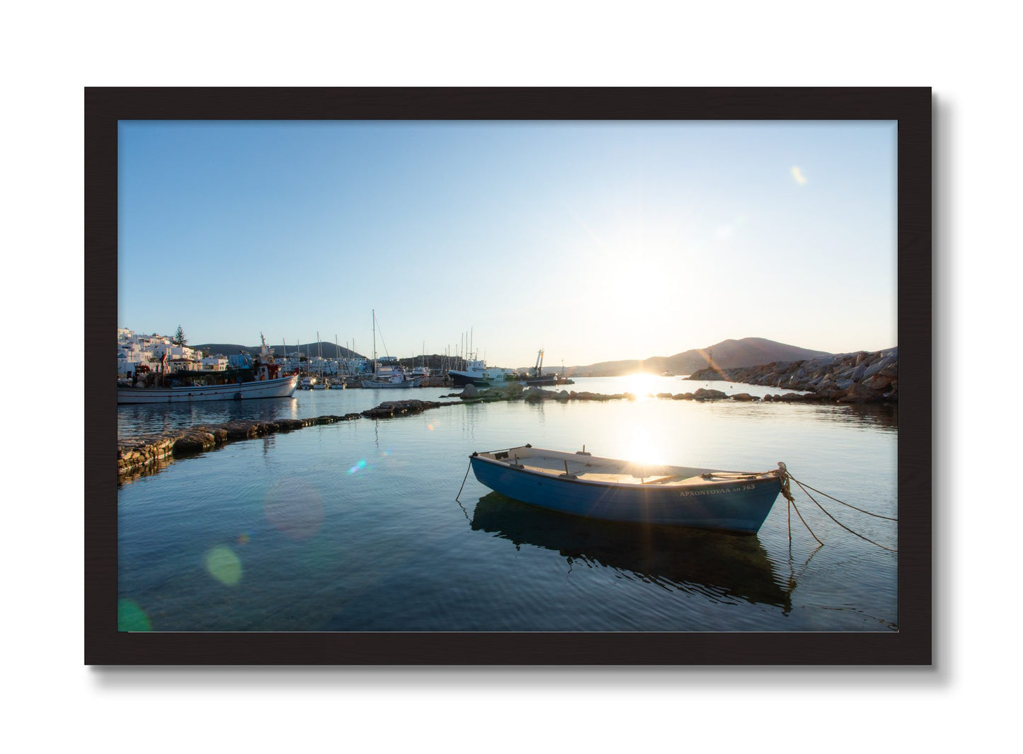 Framed photograph of Tied Down In Paros by Dylan Ozanich, Black Walnut frame, Full Bleed