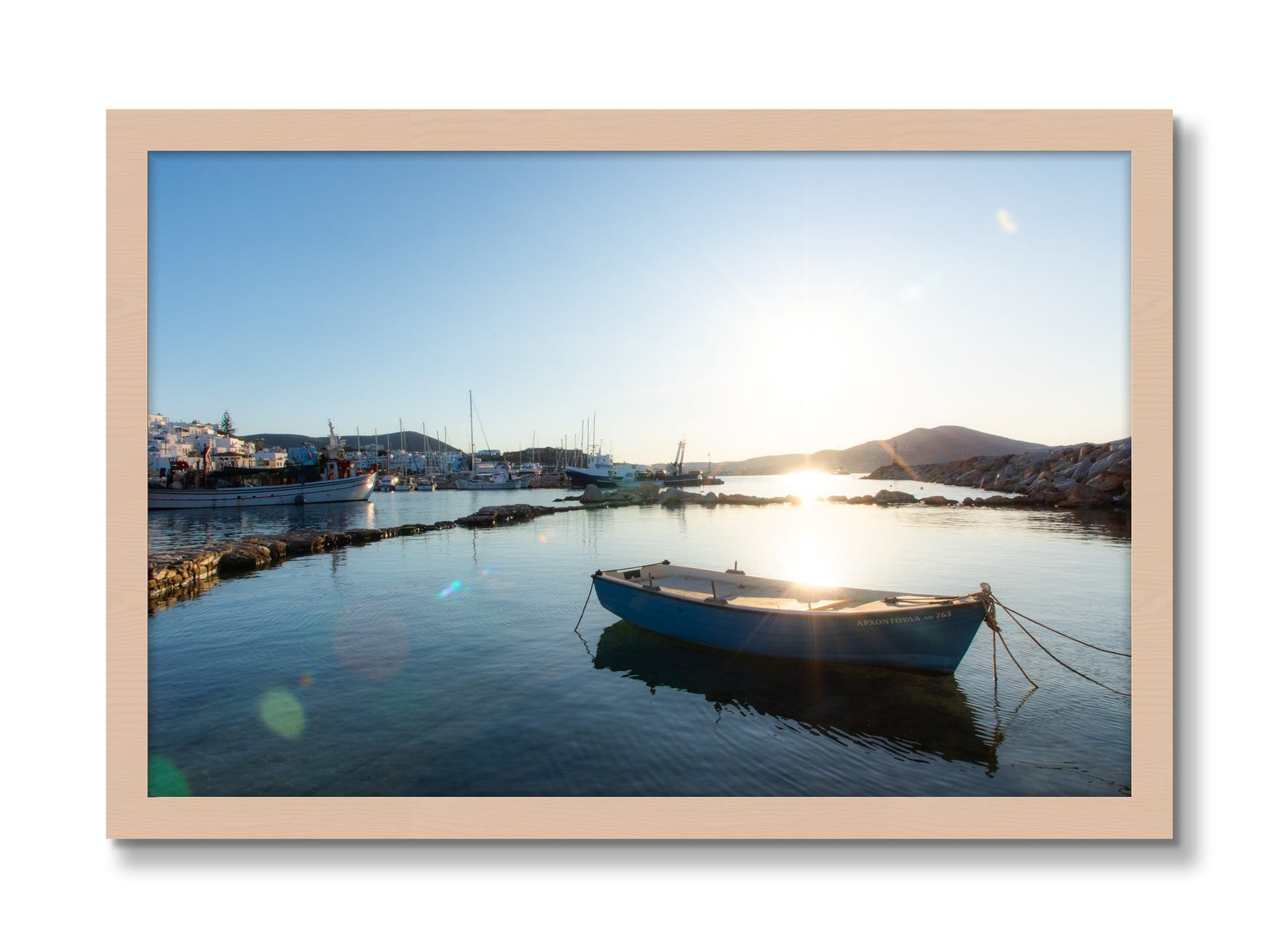 Framed photograph of Tied Down In Paros by Dylan Ozanich, Maple frame, Full Bleed