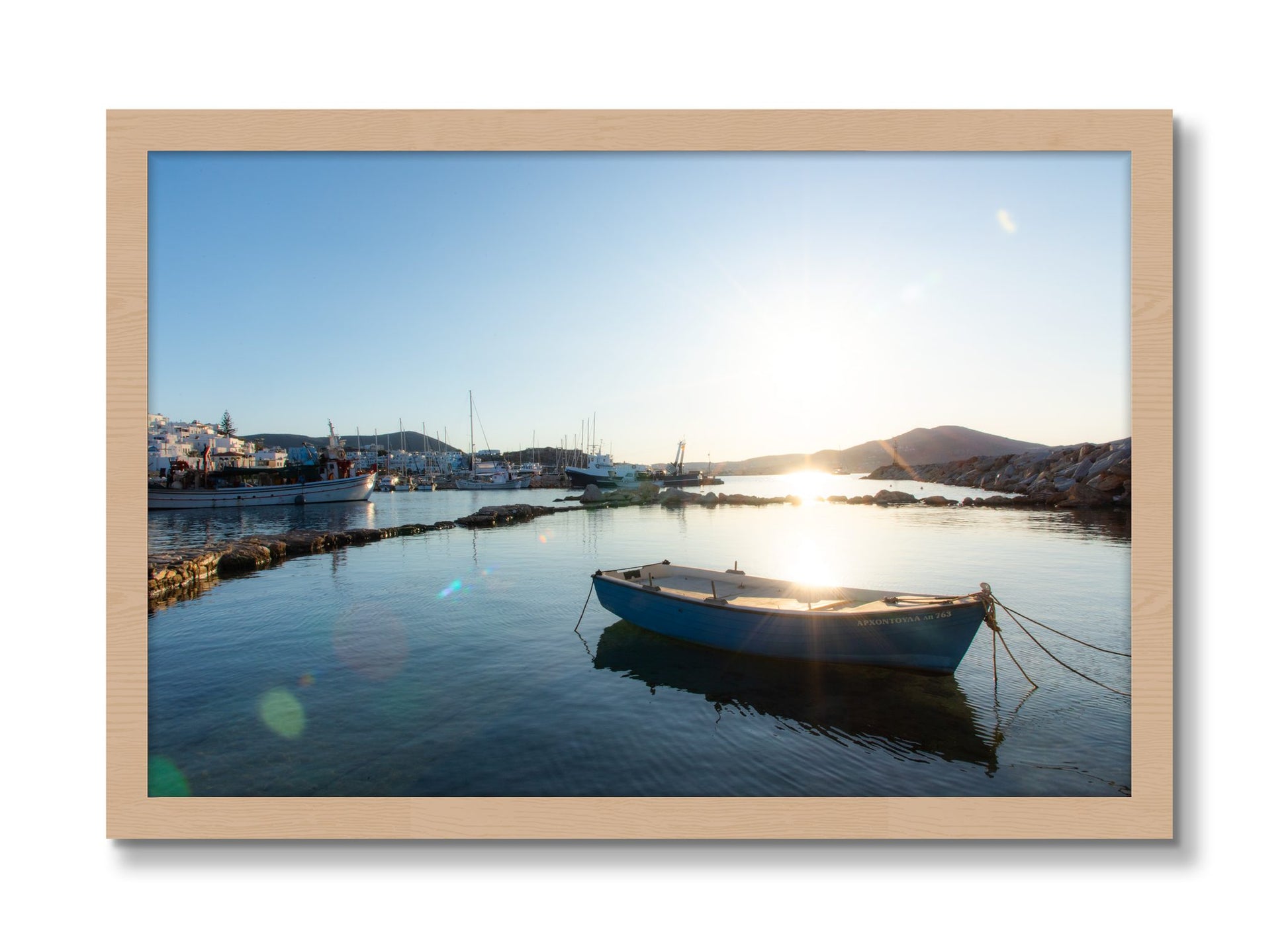 Framed photograph of Tied Down In Paros by Dylan Ozanich, Oak frame, Full Bleed