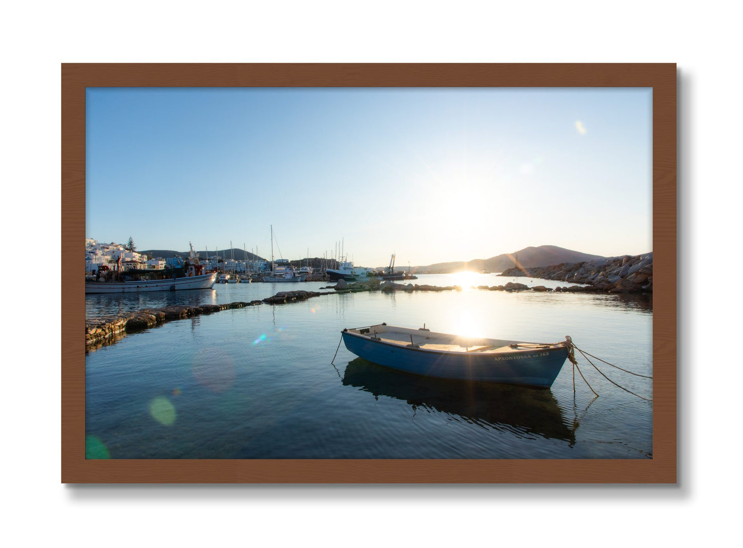 Framed photograph of Tied Down In Paros by Dylan Ozanich, Walnut frame, Full Bleed