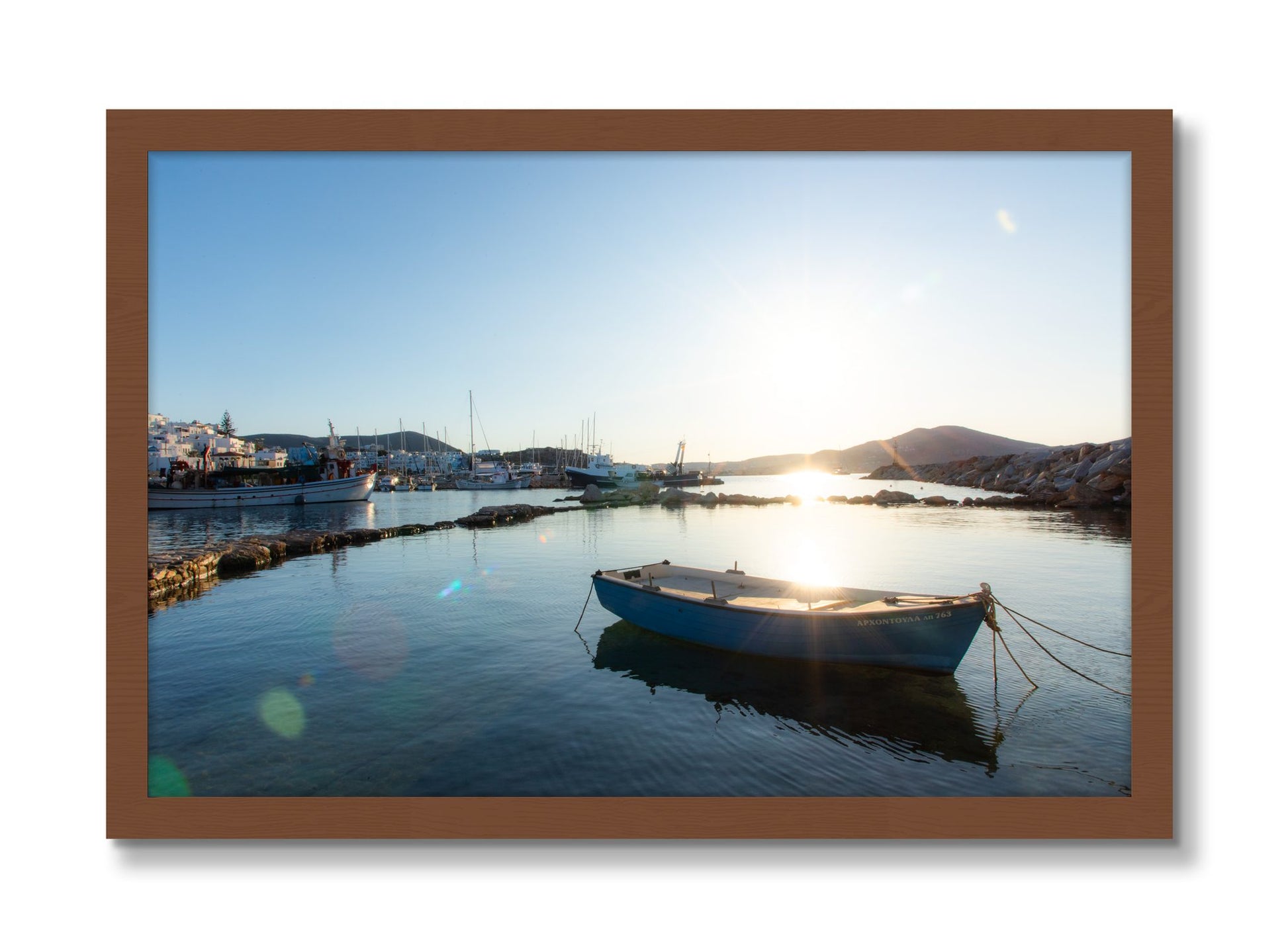 Framed photograph of Tied Down In Paros by Dylan Ozanich, Walnut frame, Full Bleed