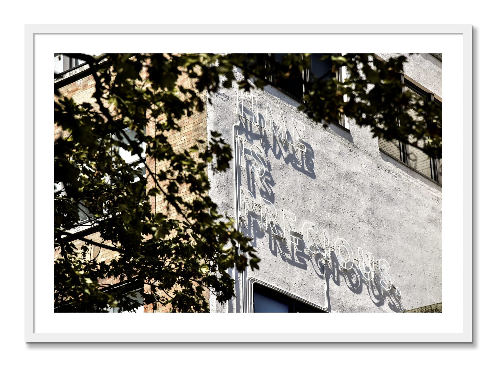 Framed photograph of Time Is Precious by Dylan Ozanich, White frame, Borders