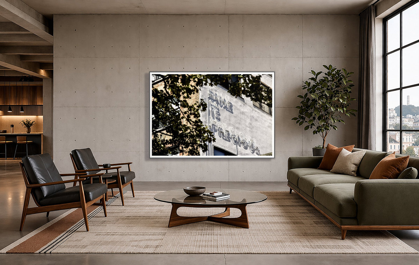 Time Is Precious by Dylan Ozanich in a Grey frame, on a poured-concrete wall in an industrial loft with a city view