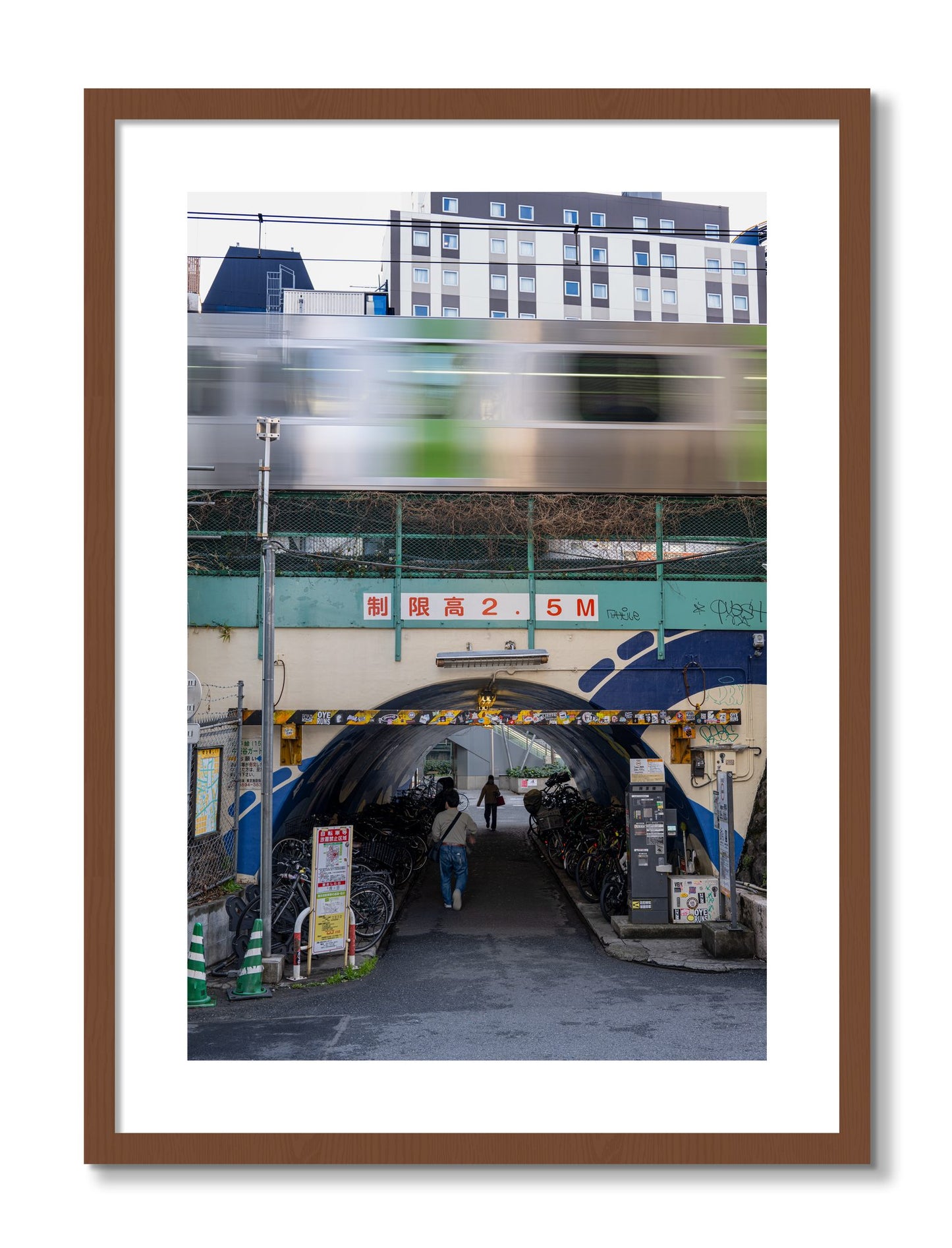 Framed photograph of Tokyo Bustle by Dylan Ozanich, Walnut frame, Borders