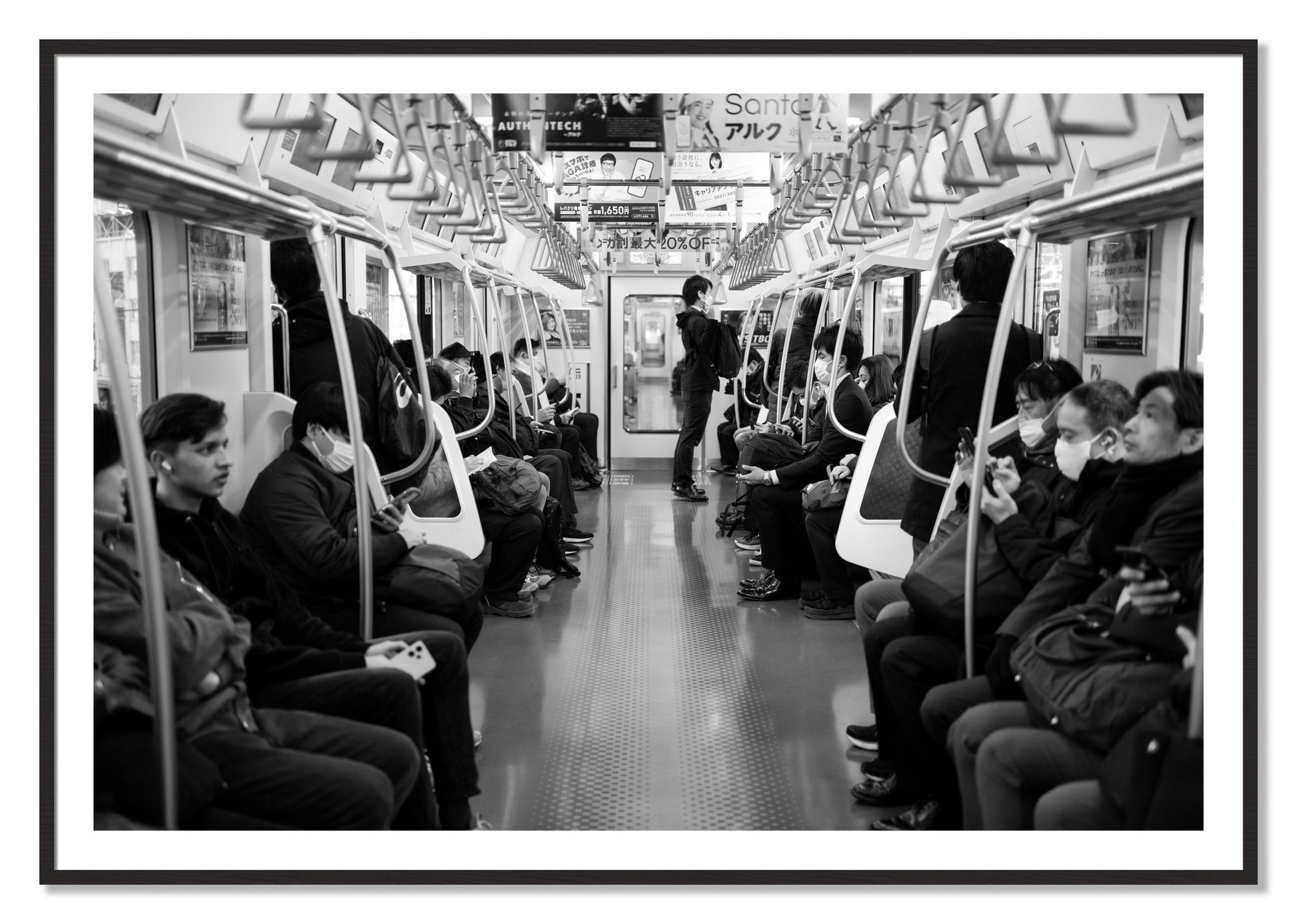 Framed photograph of Tokyo Traincar by Dylan Ozanich, Black Walnut frame, Borders