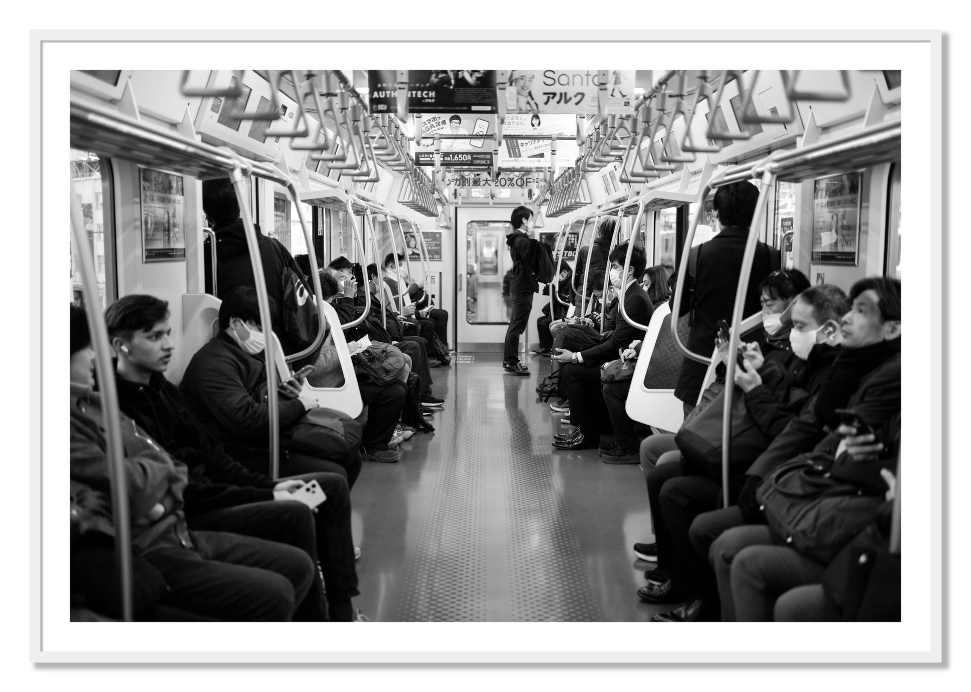 Framed photograph of Tokyo Traincar by Dylan Ozanich, White frame, Borders