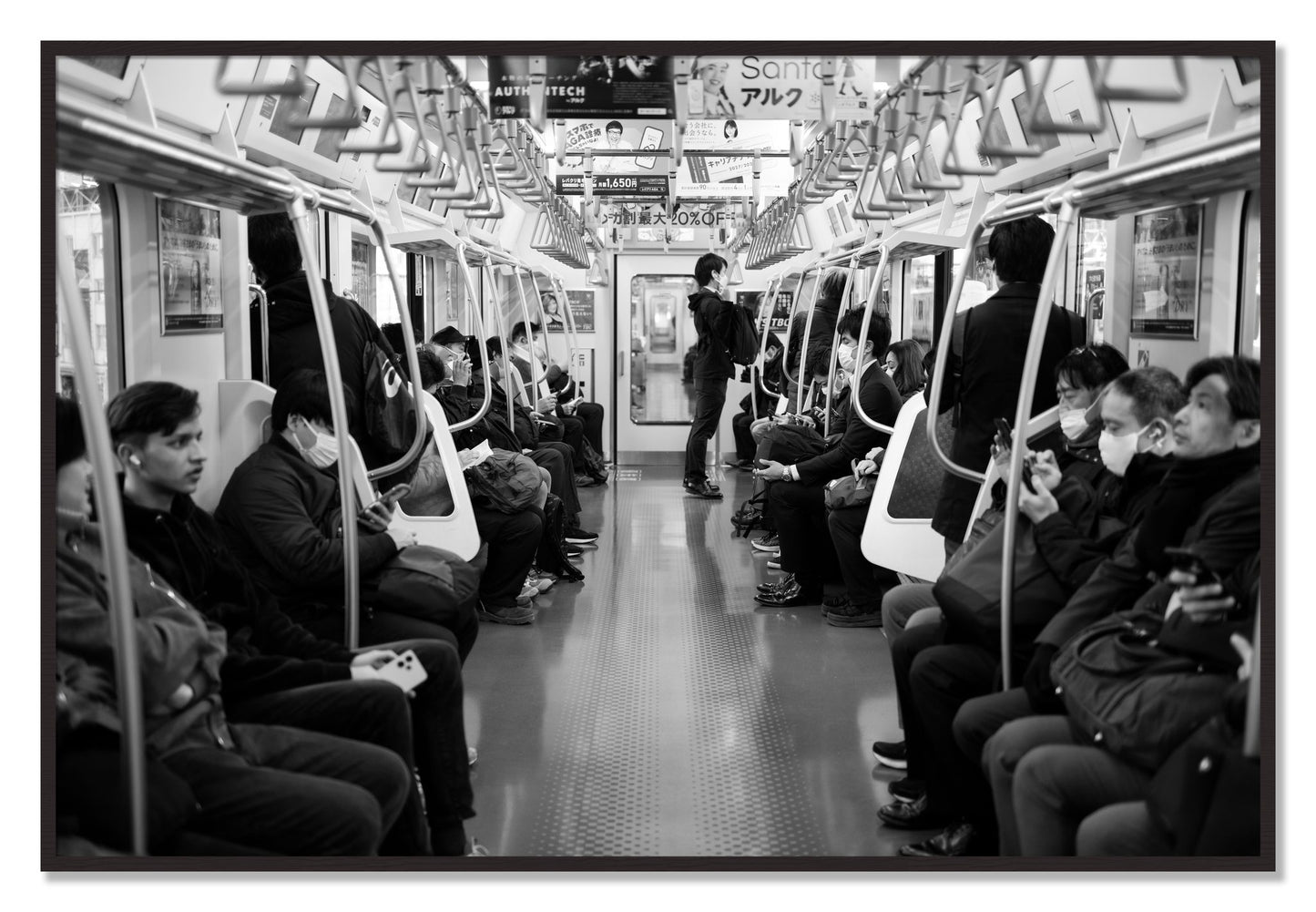 Framed photograph of Tokyo Traincar by Dylan Ozanich, Black Walnut frame, Full Bleed