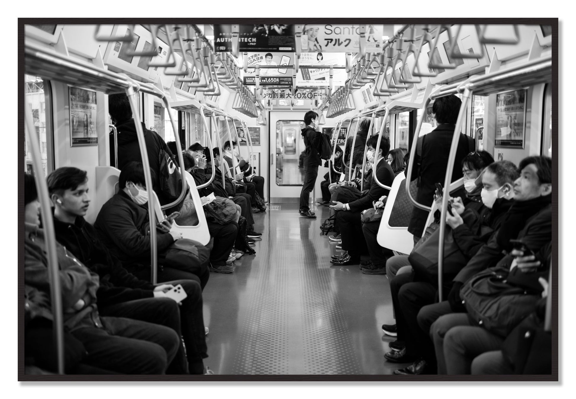 Framed photograph of Tokyo Traincar by Dylan Ozanich, Black Walnut frame, Full Bleed