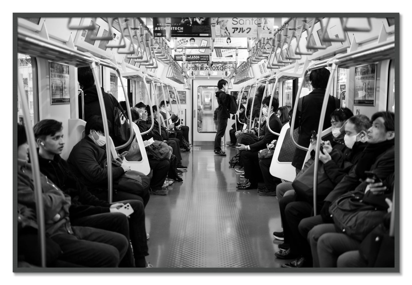 Framed photograph of Tokyo Traincar by Dylan Ozanich, Grey frame, Full Bleed