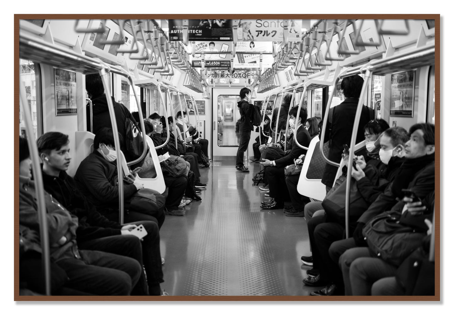 Framed photograph of Tokyo Traincar by Dylan Ozanich, Walnut frame, Full Bleed