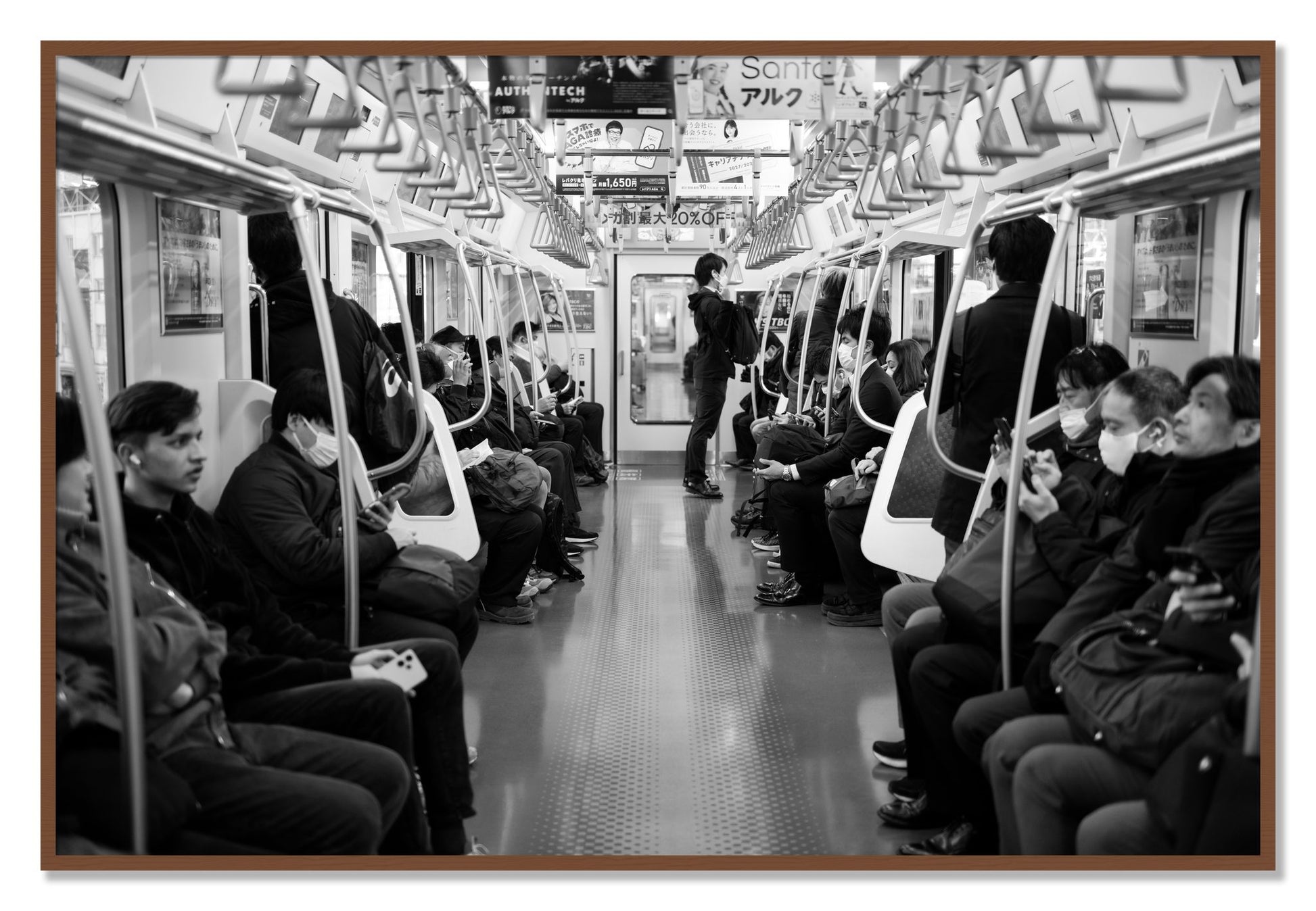 Framed photograph of Tokyo Traincar by Dylan Ozanich, Walnut frame, Full Bleed