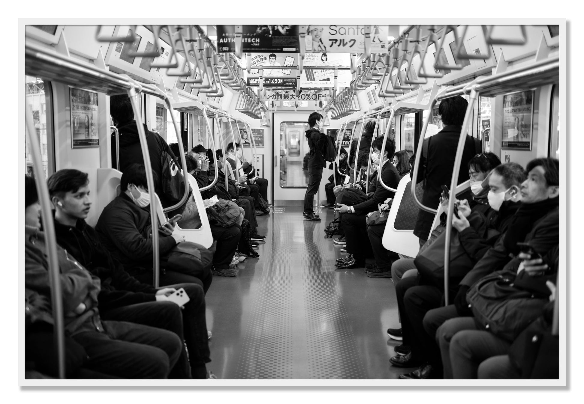 Framed photograph of Tokyo Traincar by Dylan Ozanich, White frame, Full Bleed