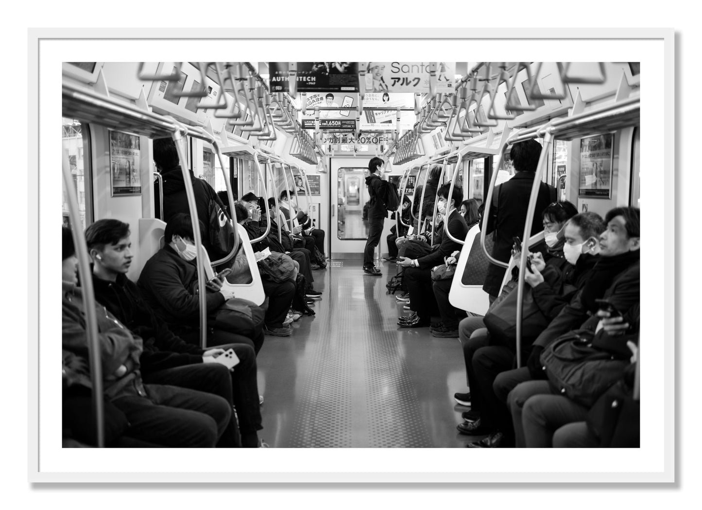 Framed photograph of Tokyo Traincar by Dylan Ozanich, White frame, Borders