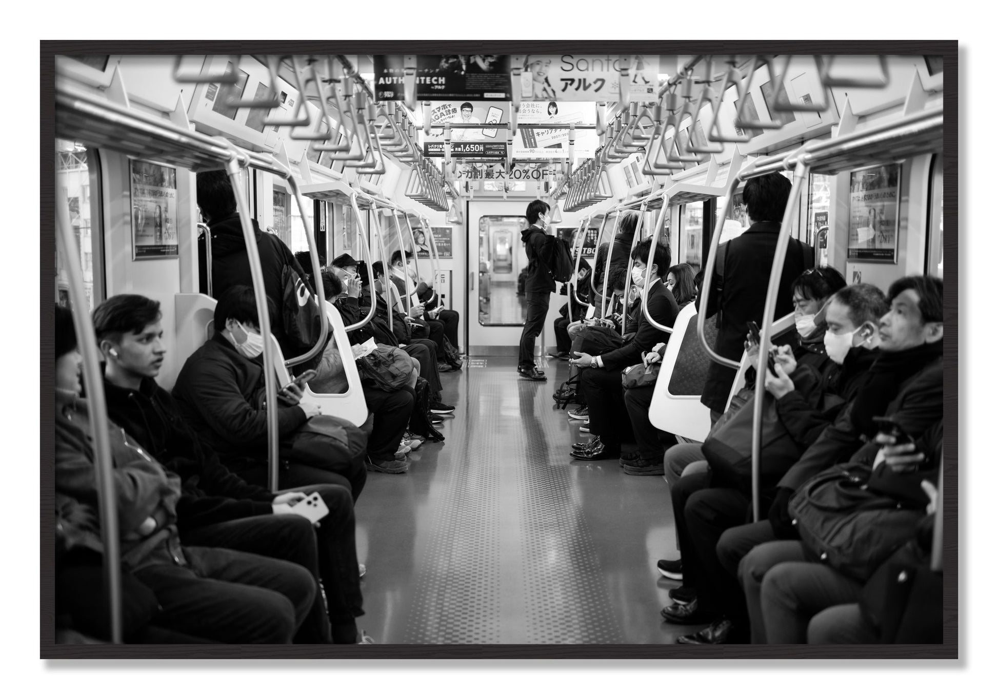 Framed photograph of Tokyo Traincar by Dylan Ozanich, Black Walnut frame, Full Bleed