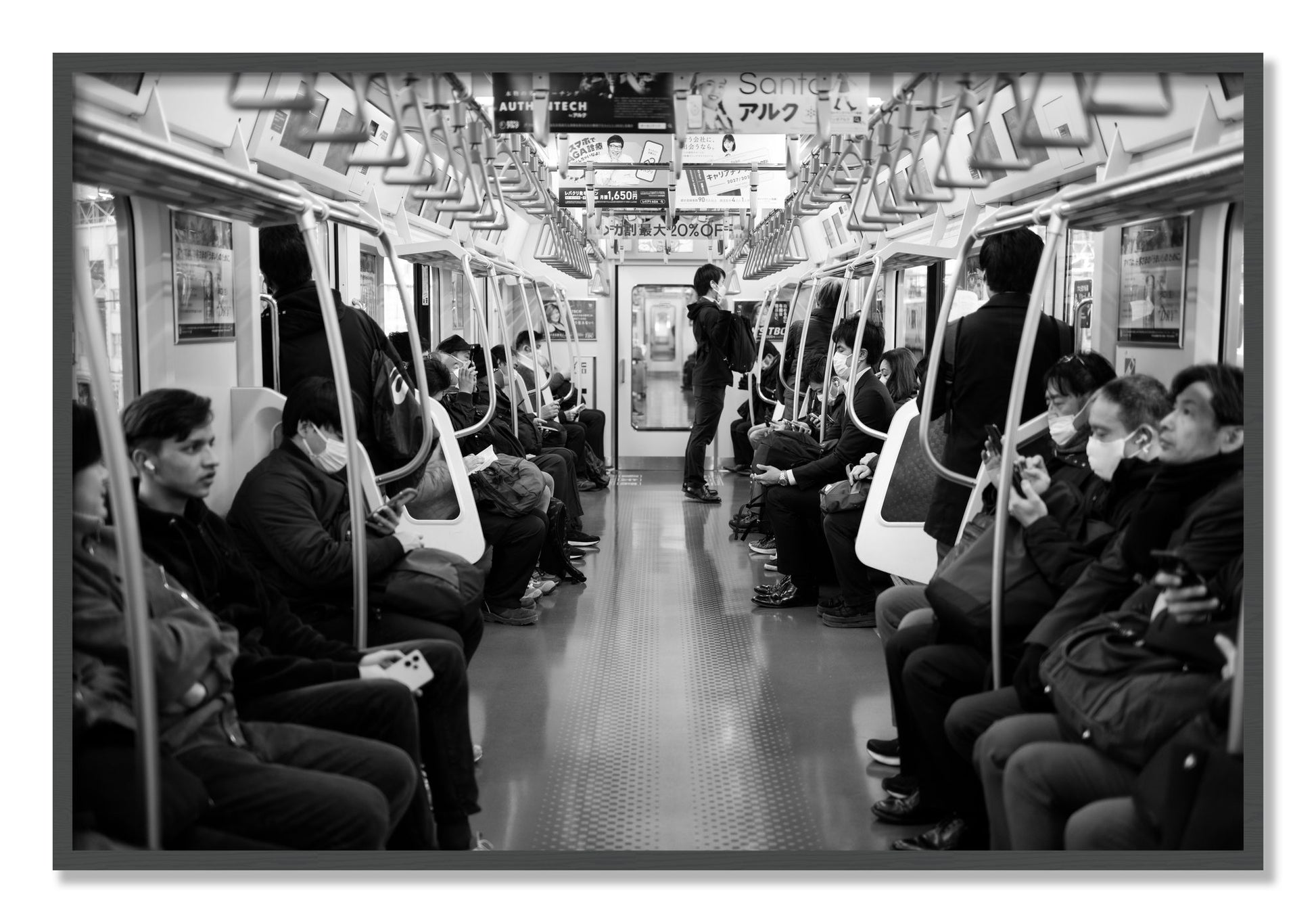 Framed photograph of Tokyo Traincar by Dylan Ozanich, Grey frame, Full Bleed