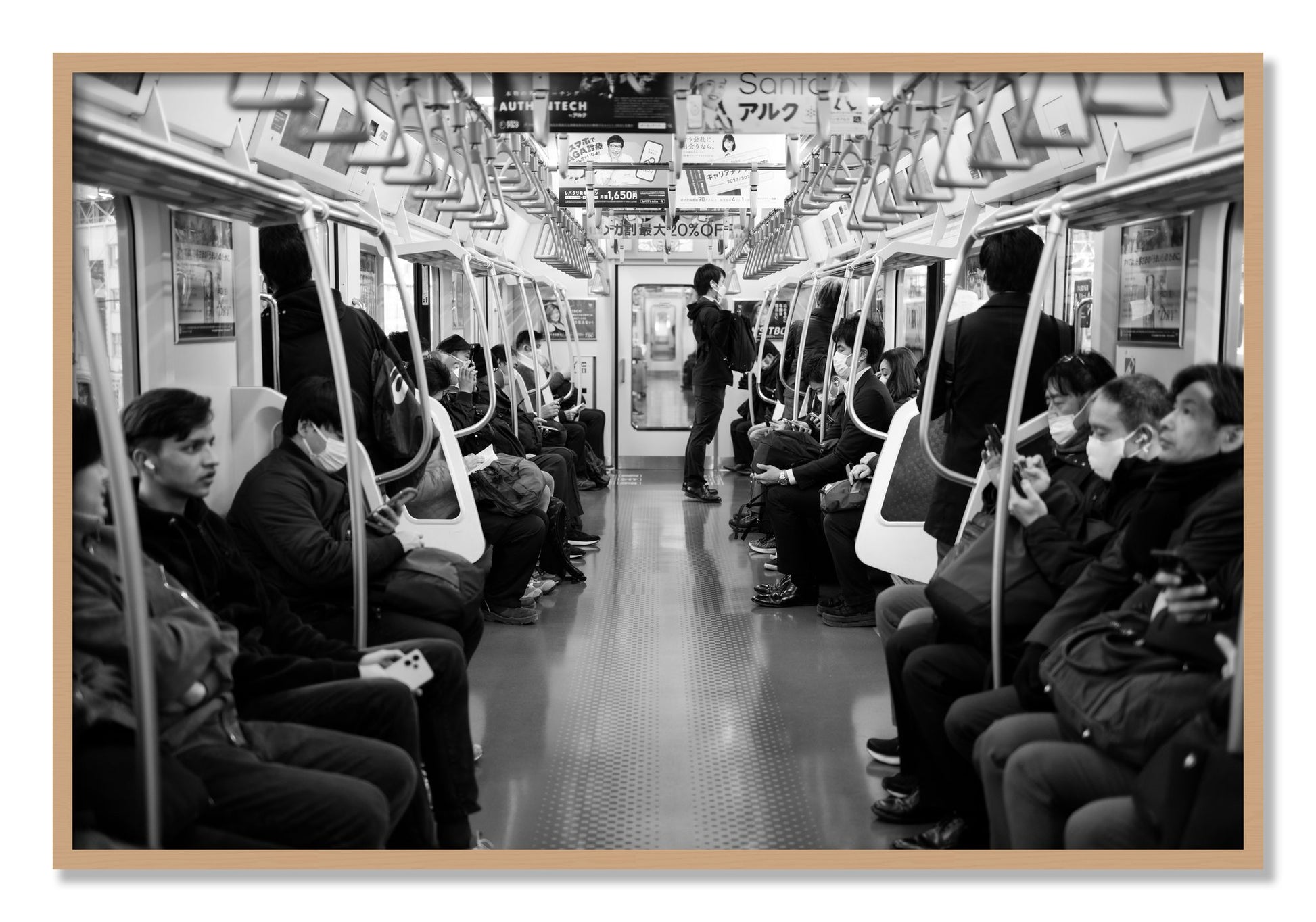 Framed photograph of Tokyo Traincar by Dylan Ozanich, Oak frame, Full Bleed