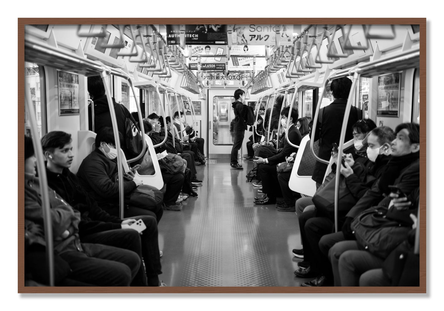 Framed photograph of Tokyo Traincar by Dylan Ozanich, Walnut frame, Full Bleed