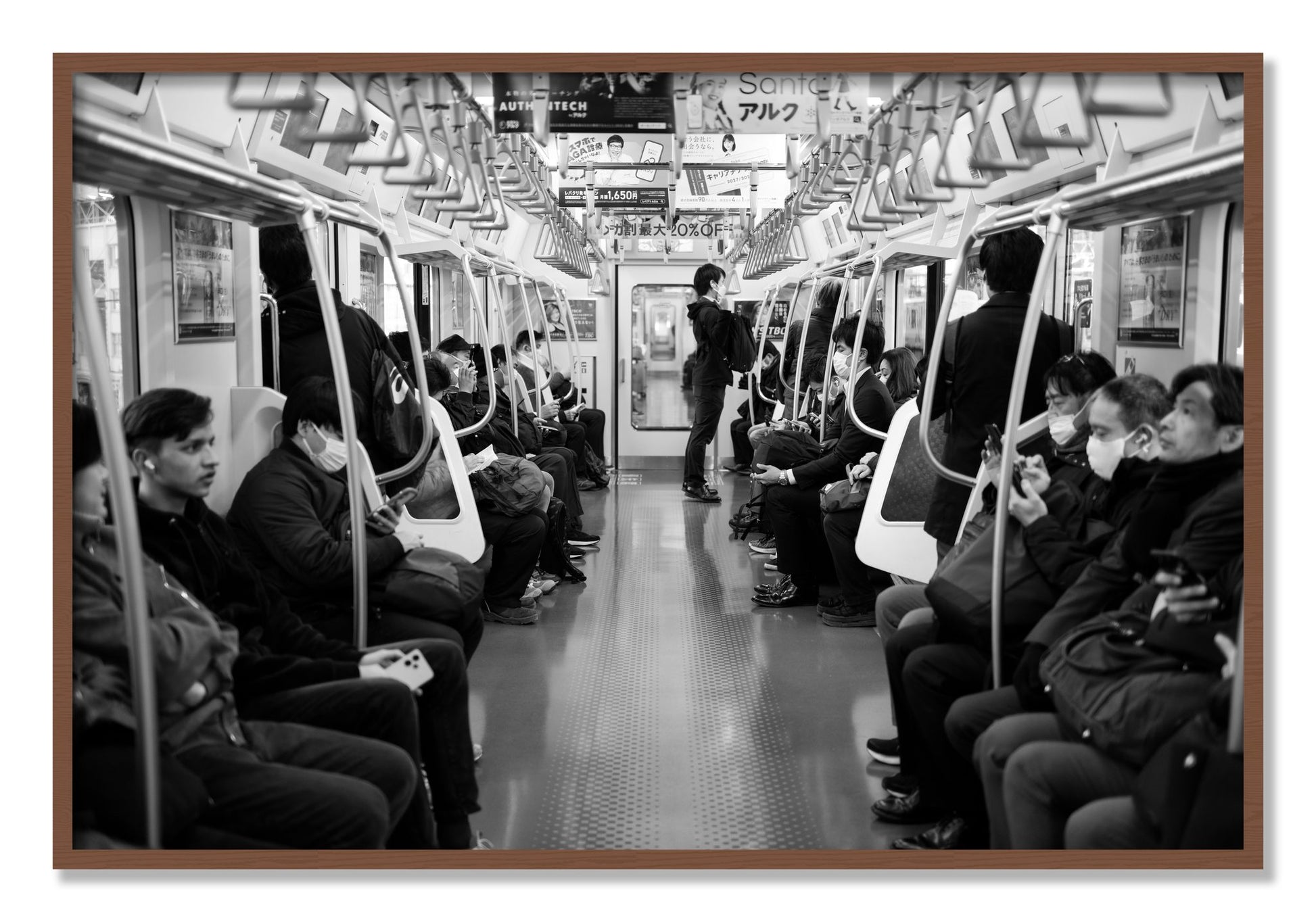 Framed photograph of Tokyo Traincar by Dylan Ozanich, Walnut frame, Full Bleed