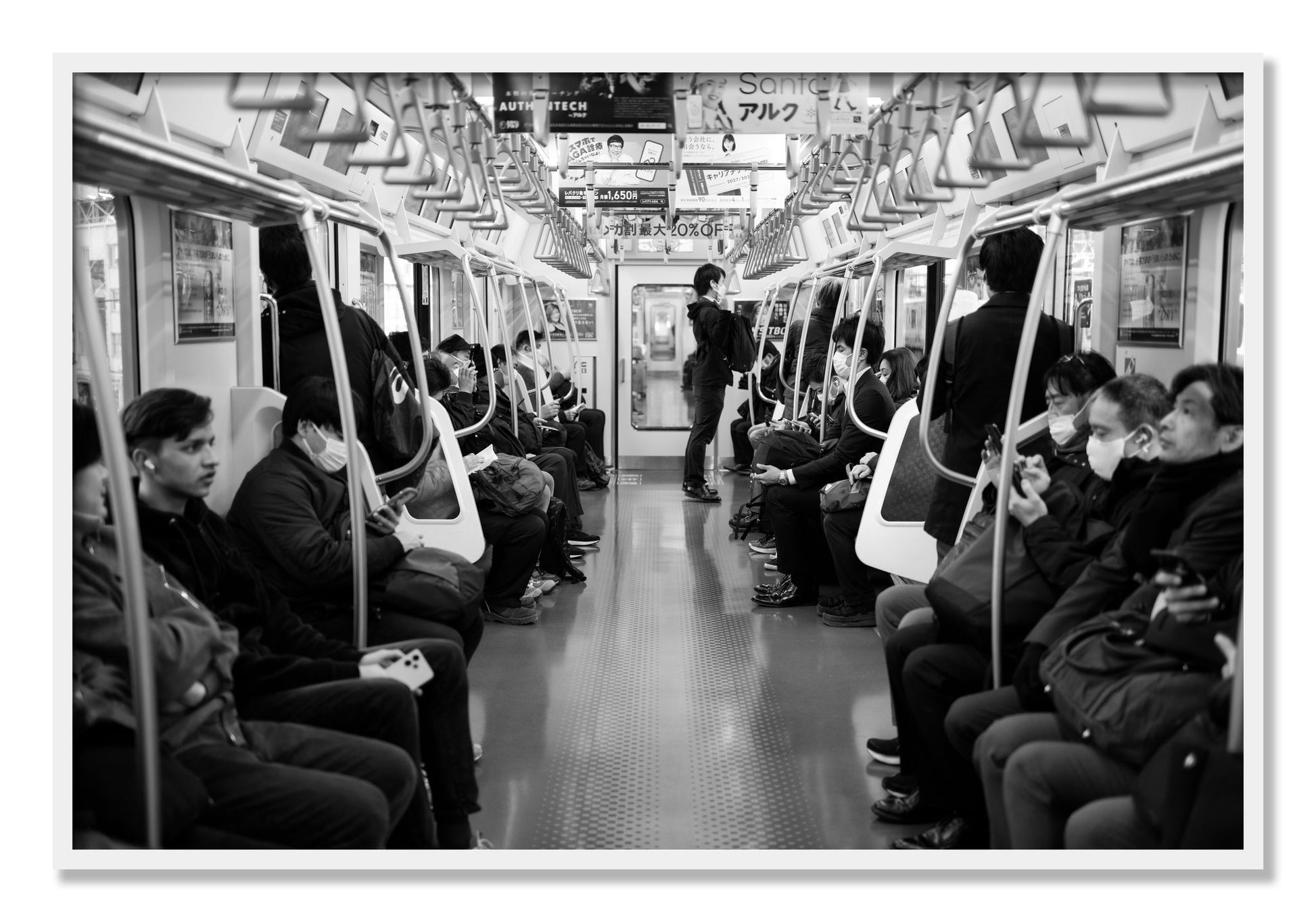 Framed photograph of Tokyo Traincar by Dylan Ozanich, White frame, Full Bleed