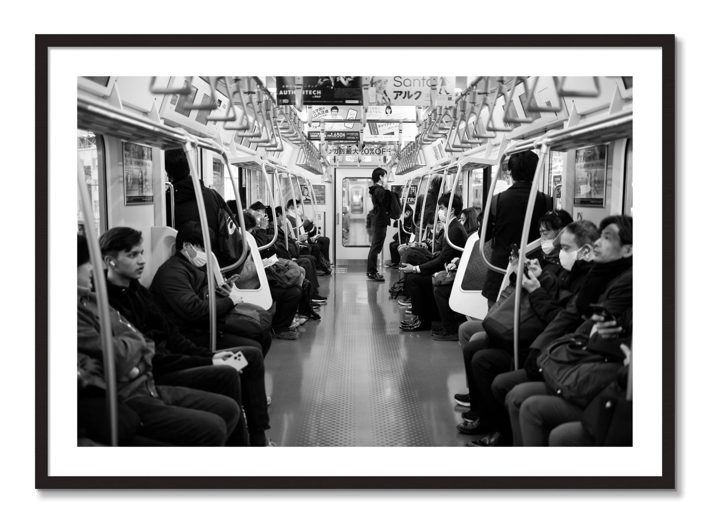 Framed photograph of Tokyo Traincar by Dylan Ozanich, Black Walnut frame, Borders