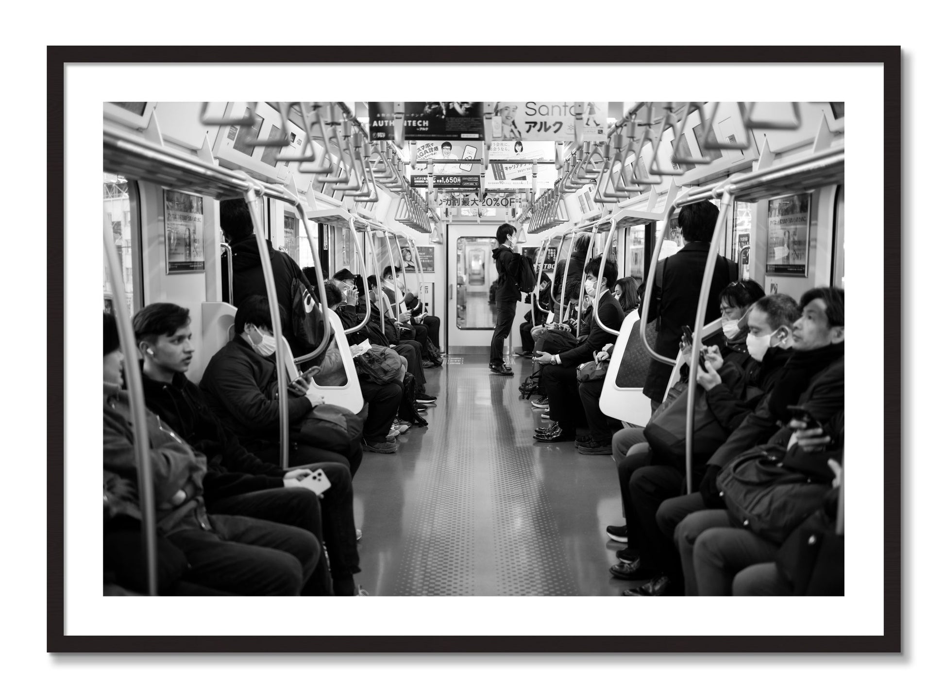 Framed photograph of Tokyo Traincar by Dylan Ozanich, Black Walnut frame, Borders