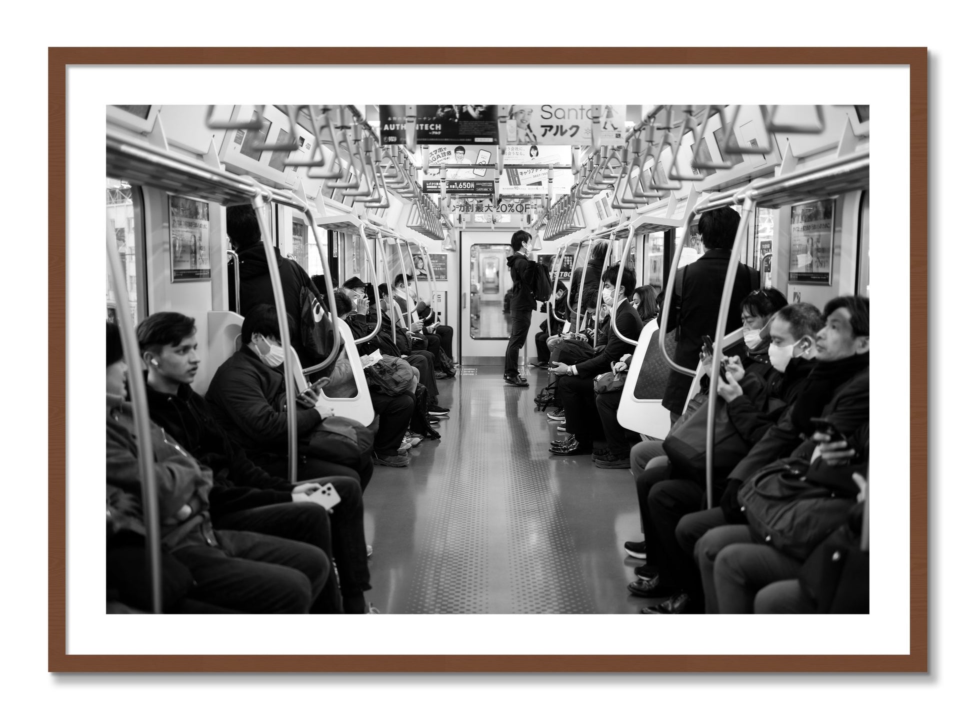 Framed photograph of Tokyo Traincar by Dylan Ozanich, Walnut frame, Borders