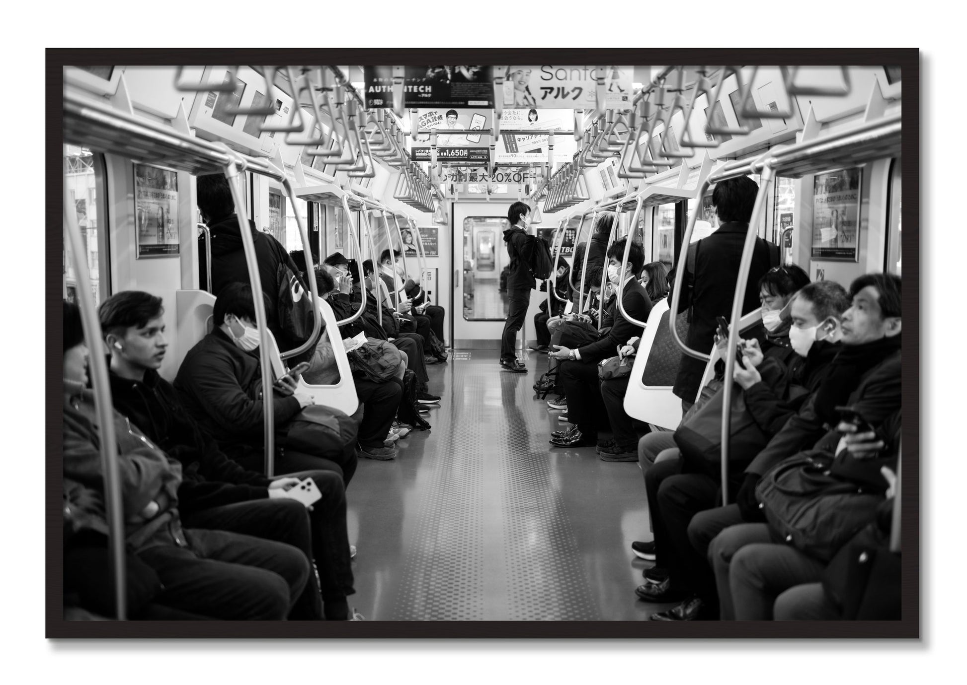 Framed photograph of Tokyo Traincar by Dylan Ozanich, Black Walnut frame, Full Bleed