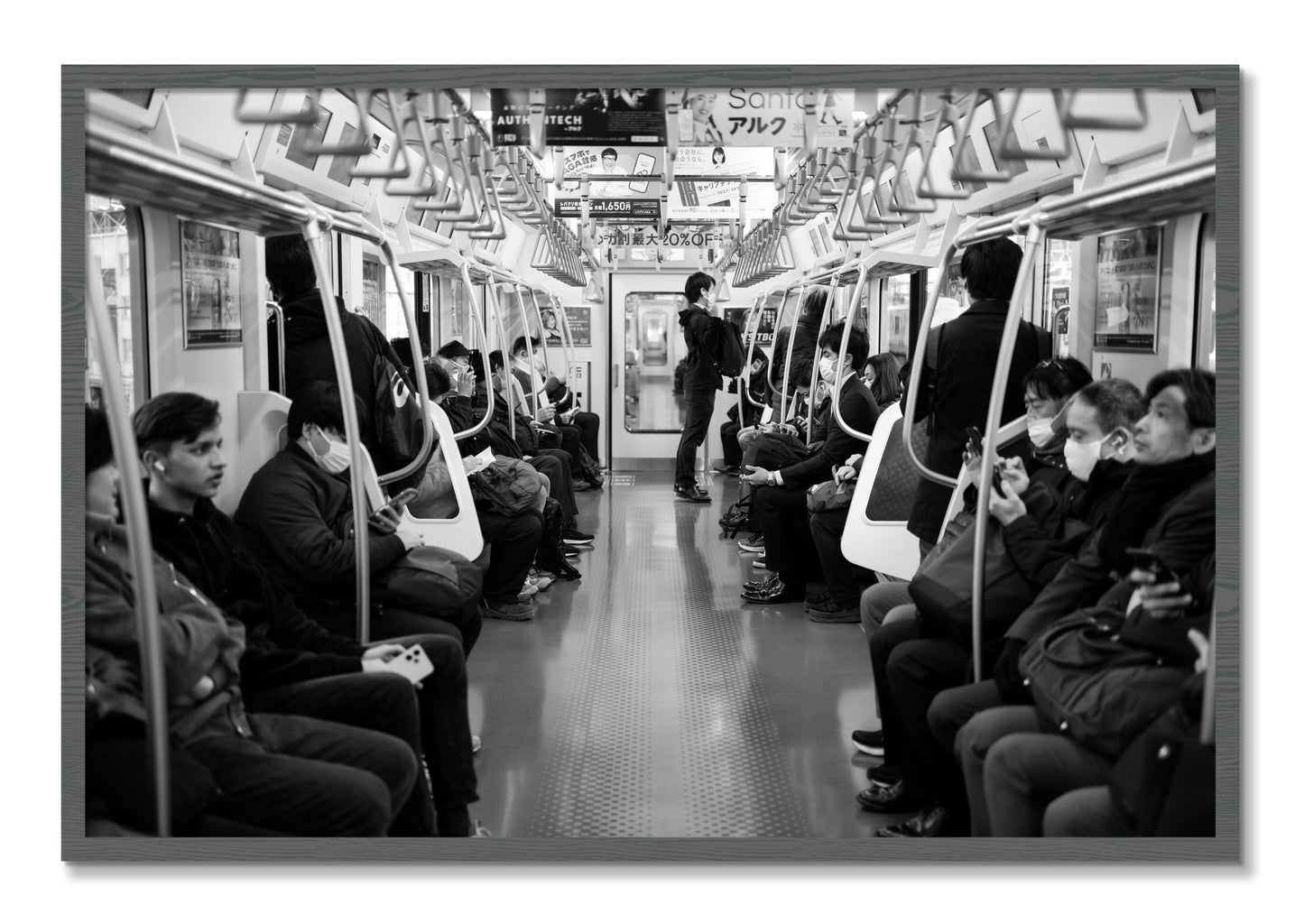 Framed photograph of Tokyo Traincar by Dylan Ozanich, Grey frame, Full Bleed