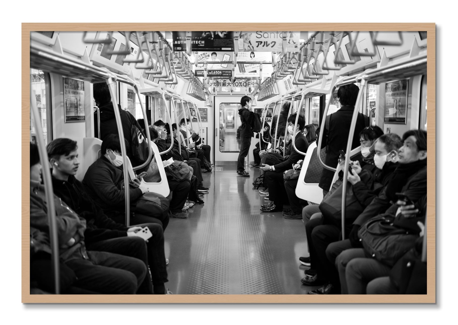 Framed photograph of Tokyo Traincar by Dylan Ozanich, Oak frame, Full Bleed