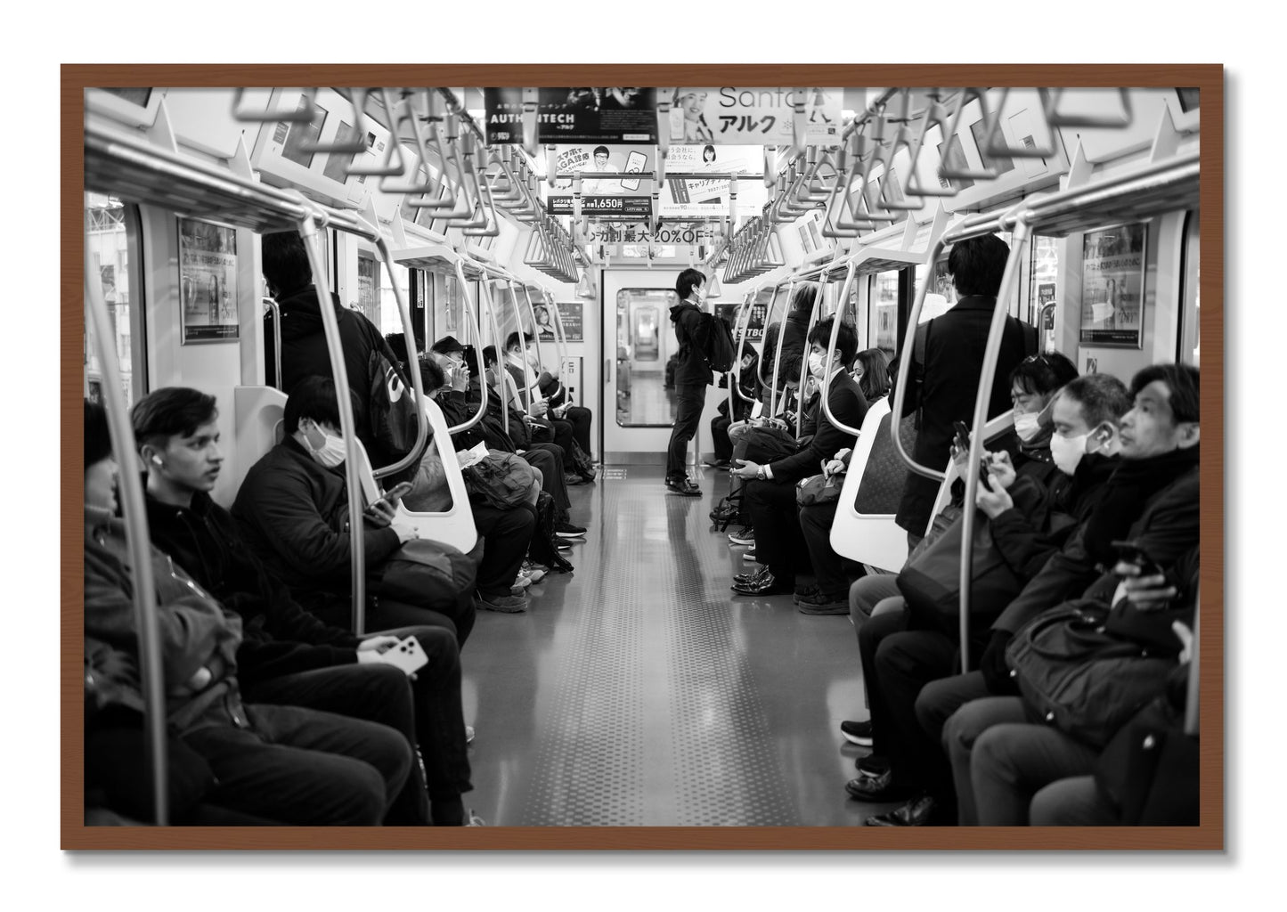 Framed photograph of Tokyo Traincar by Dylan Ozanich, Walnut frame, Full Bleed