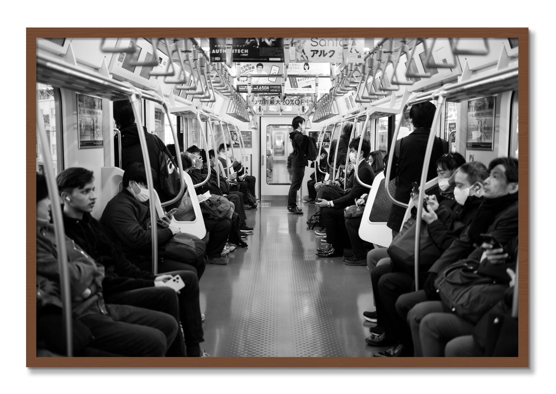 Framed photograph of Tokyo Traincar by Dylan Ozanich, Walnut frame, Full Bleed