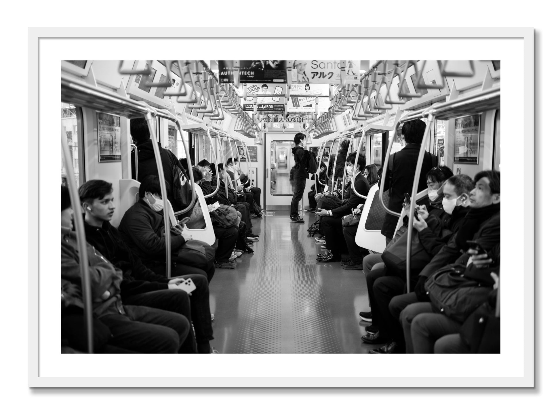 Framed photograph of Tokyo Traincar by Dylan Ozanich, White frame, Full Bleed