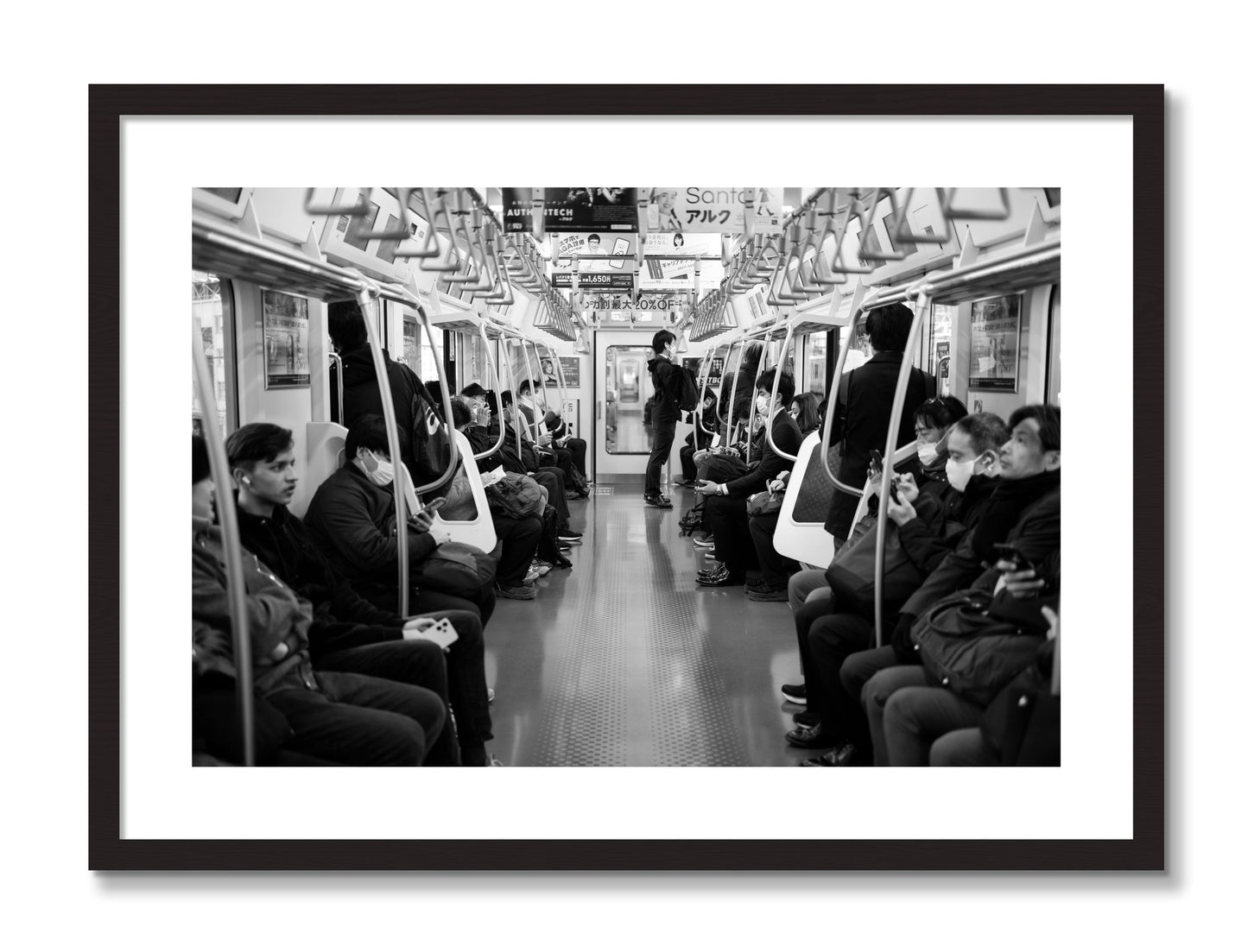 Framed photograph of Tokyo Traincar by Dylan Ozanich, Black Walnut frame, Borders